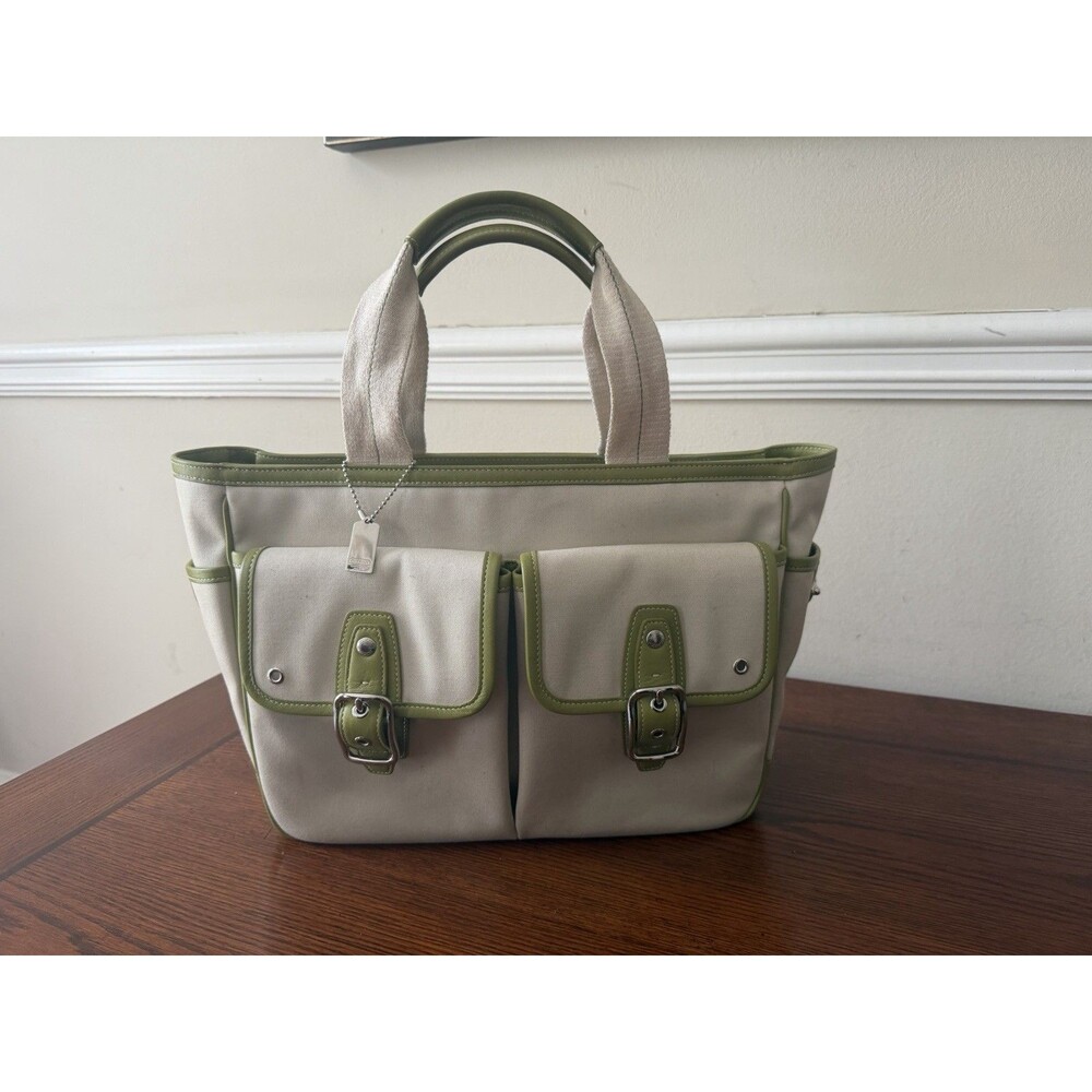 Vintage Coach Hampton Twill Garden Tote Bag B04Q 6734 Tan Green Canvas Leather - Picture 2 of 16